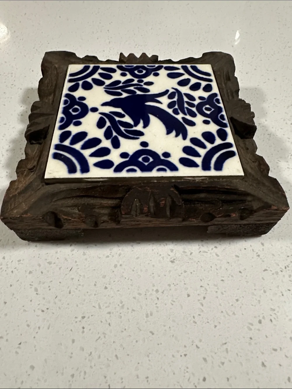 Handmade Blue and White Ceramic Tile Trivet with Carved Wooden Frame